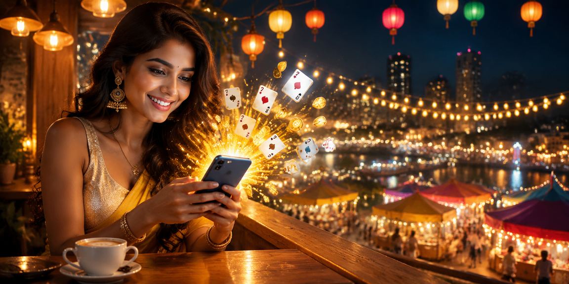 Players enjoying online Rummy on smartphones in a bustling Indian night market